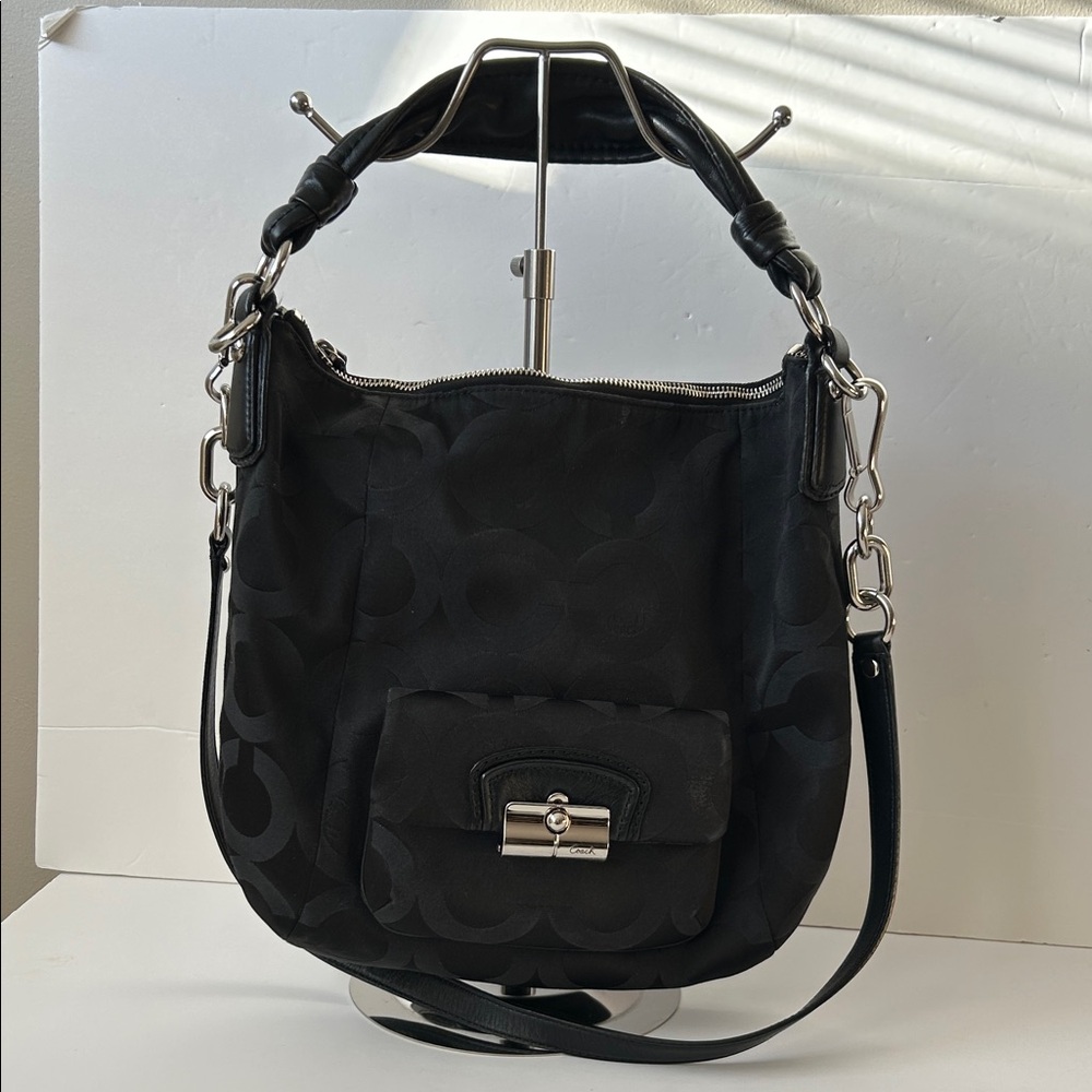 Coach Black Canvas Leather  Op Art Shoulder Bag Minimalist Boho Y2K